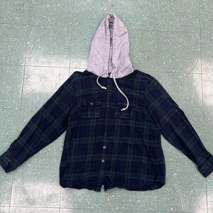 Hooded green and blue plaid flannel button down shirt
